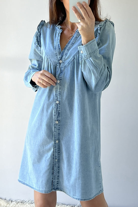 Myosotis - Straight denim dress with buttons, ruffles and V-neck