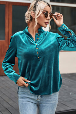 Green velvet top buttoned on the front at the flying neck