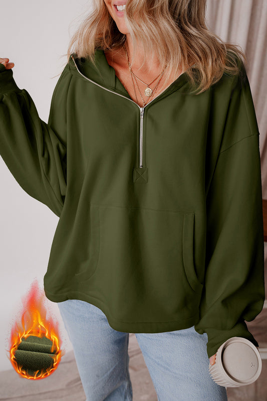 Moss Green Fleece ausgesäumt halb Reißverschluss Känguroo Taschen Loose Hoodie