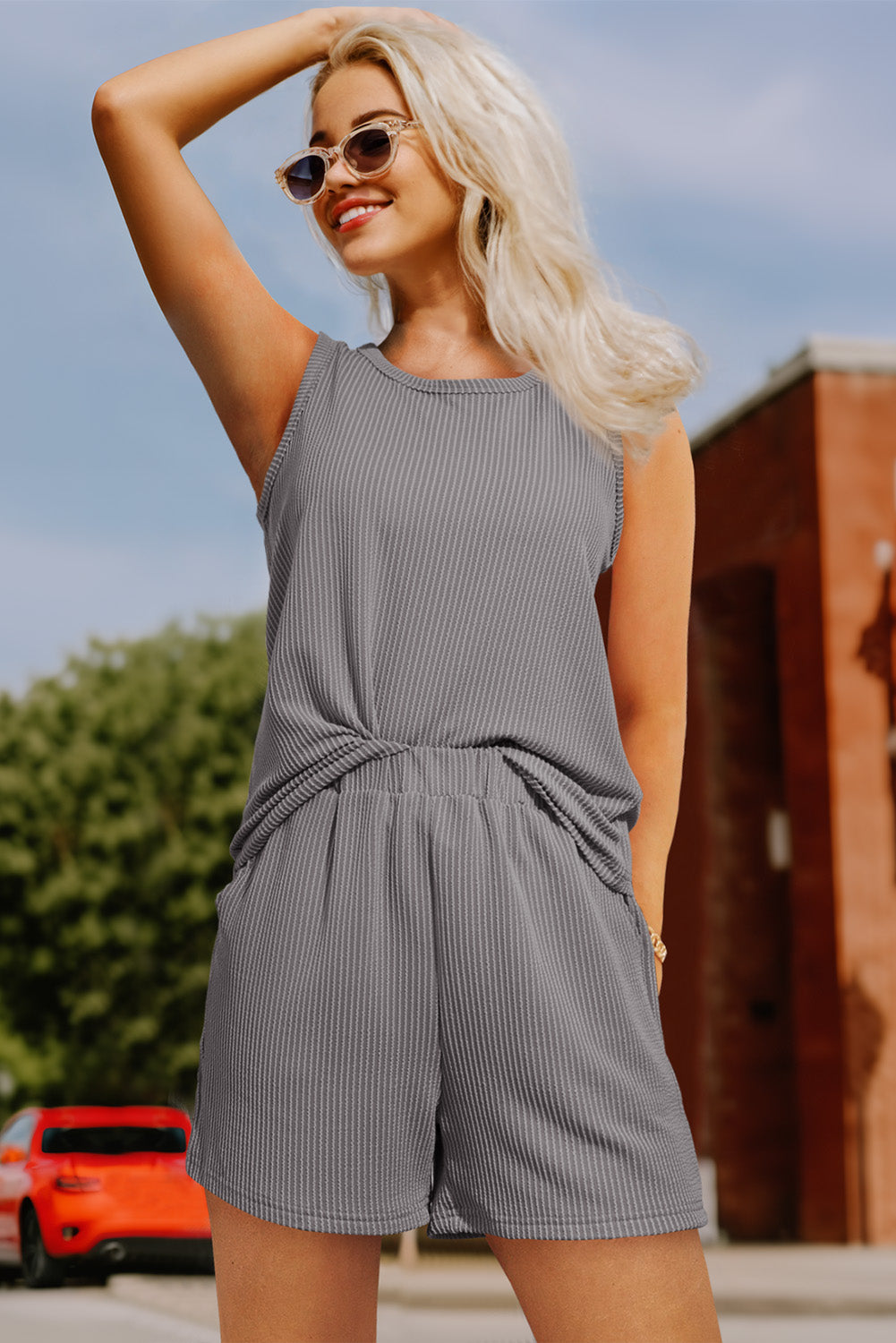 Mid Grey Corduroy Sleeveless Top and Pocket Shorts Set