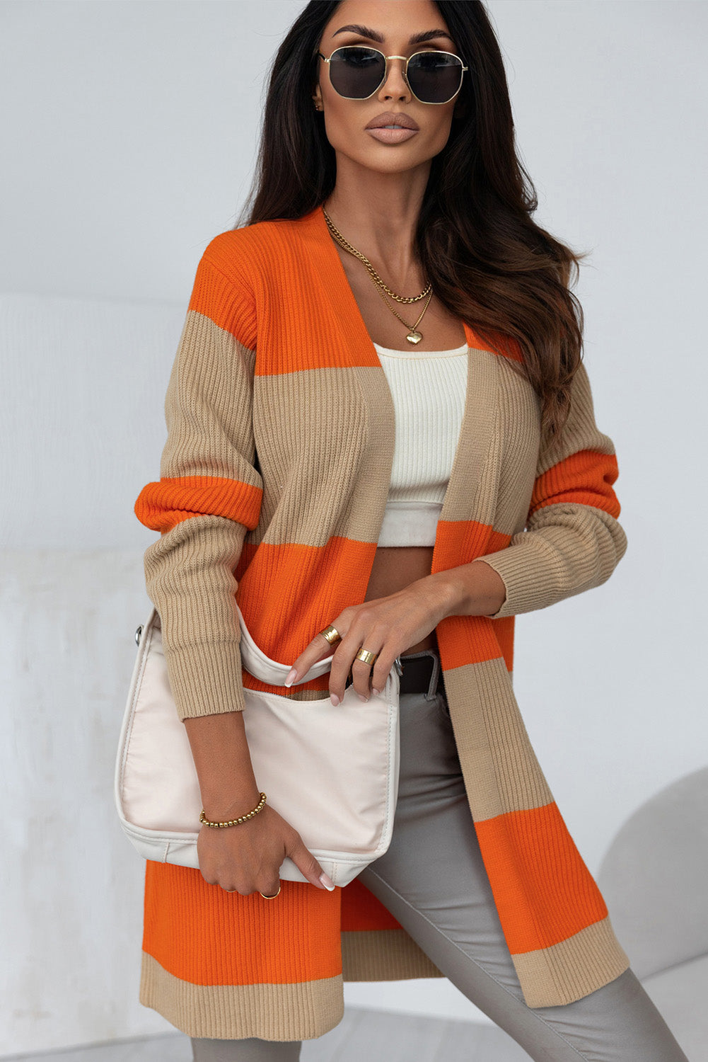 Orange color block ribbed knit cardigan