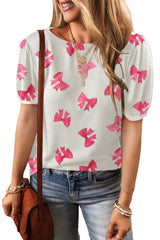 T-shirt blanc à manches bulles et imprimé nœud papillon *
