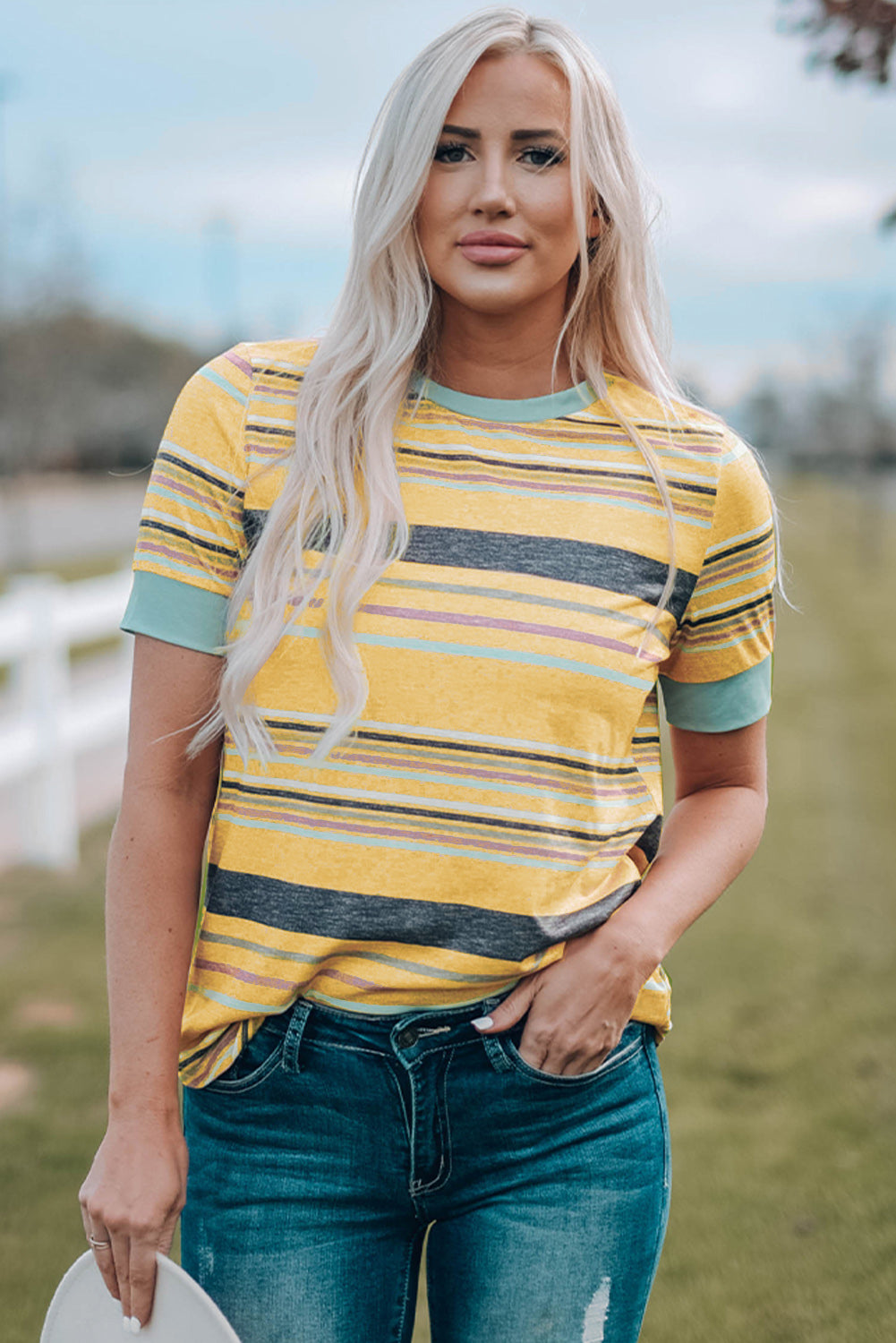 Multicolored round stripe round neck t-shirt