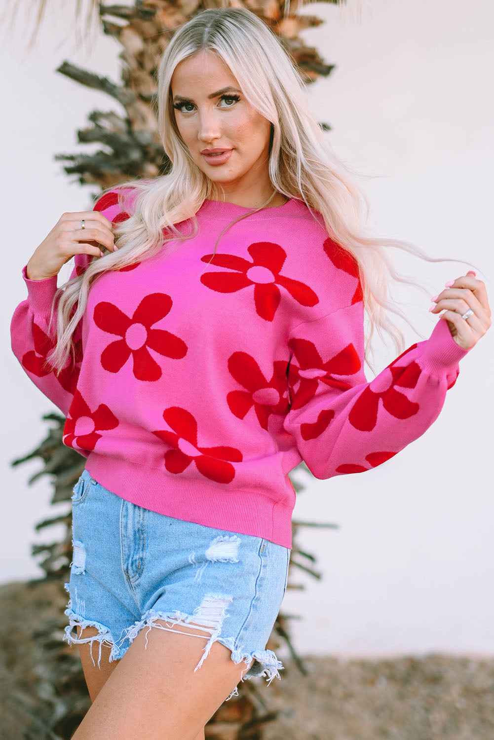 Rose Big Flower Ribbed Knit Sweater