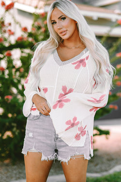 White lightweight knit hoodie with floral print