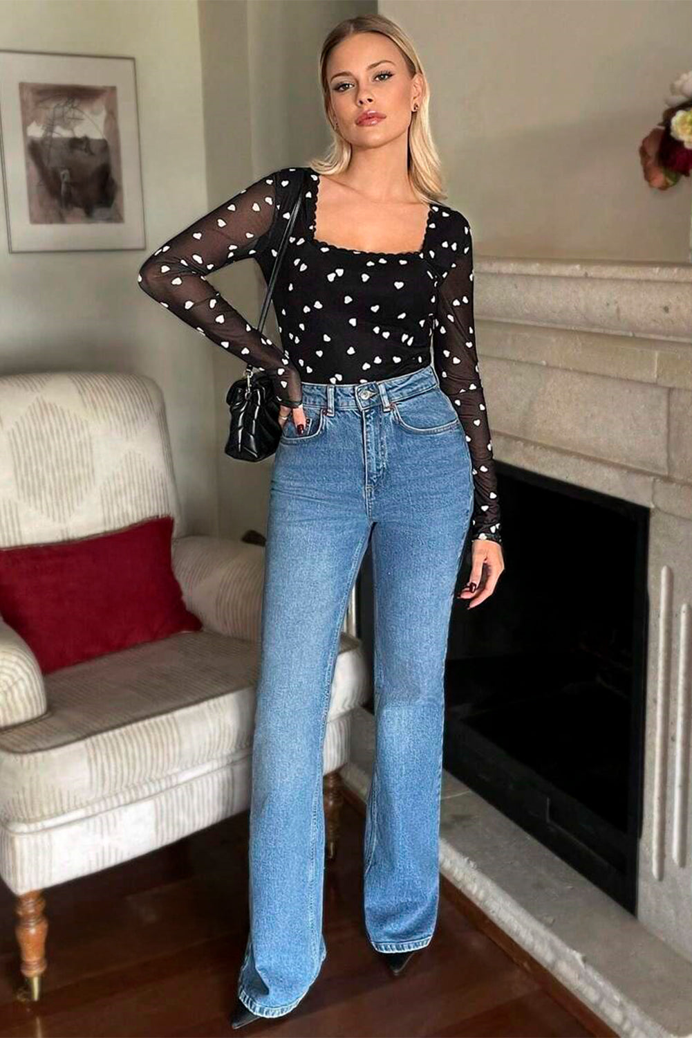 Body noir à col carré et patchwork en maille en forme de cœur-A WOMAN WE LOVE