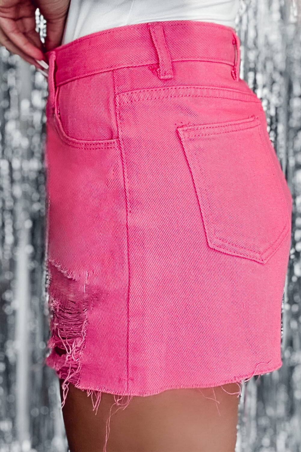 Rose Shorts en jean à taille haute de taille slim en détresse en détresse