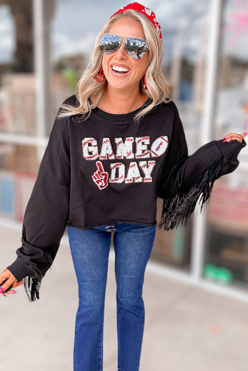 GAME DAY Rugby Black Fringed Sequin Cropped Sweatshirt
