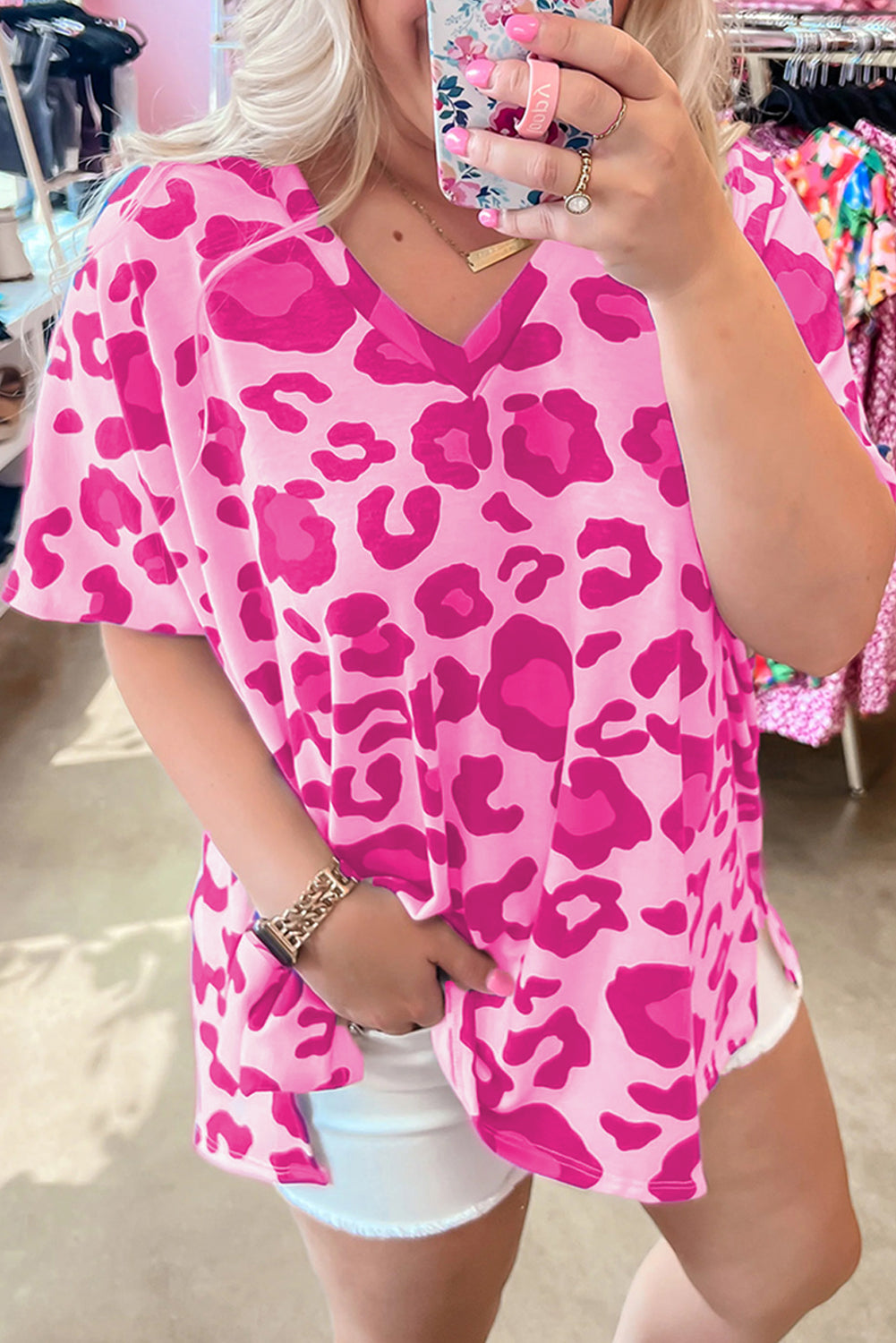 Rose Leopard Print V Neck Plus Tize Tee