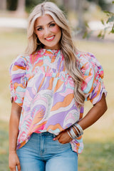 Blouse rose à imprimé abstrait et manches bouffantes avec smocks-A WOMAN WE LOVE