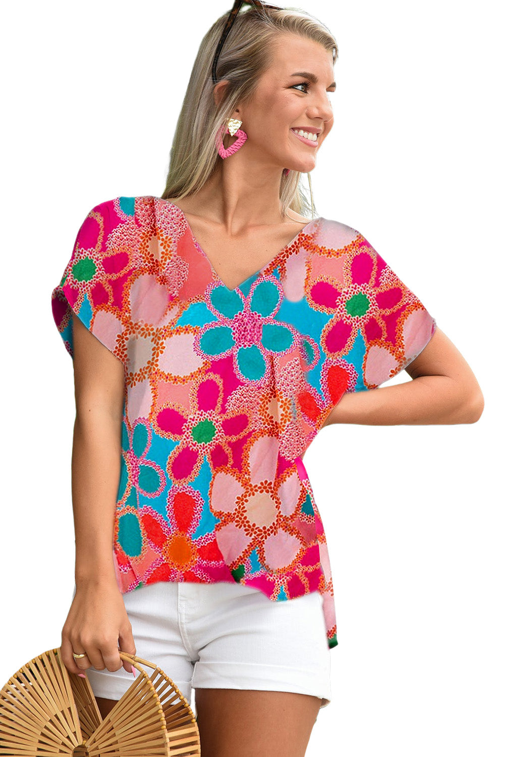 Pink Abstract Print v Neck Dolman Blusa