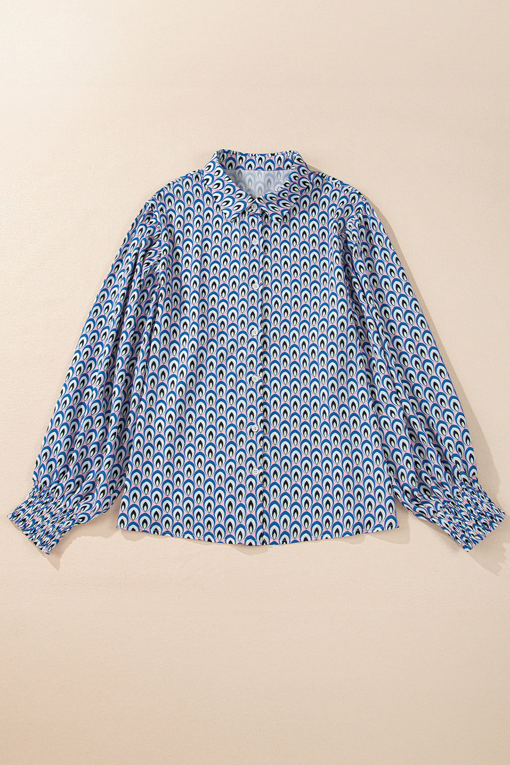 Chemise surdimensionnée boutonnée à revers froncé et imprimé abstrait bleu ciel-A WOMAN WE LOVE