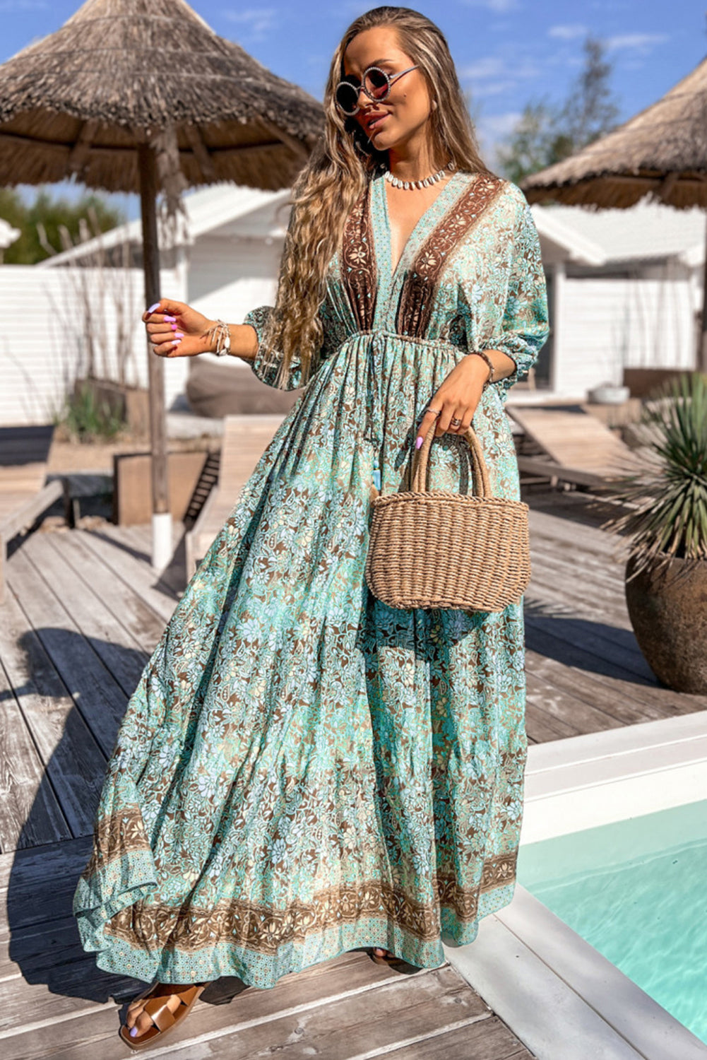 Robe longue bohème à imprimé floral et à lacets dos ouvert taille haute vert