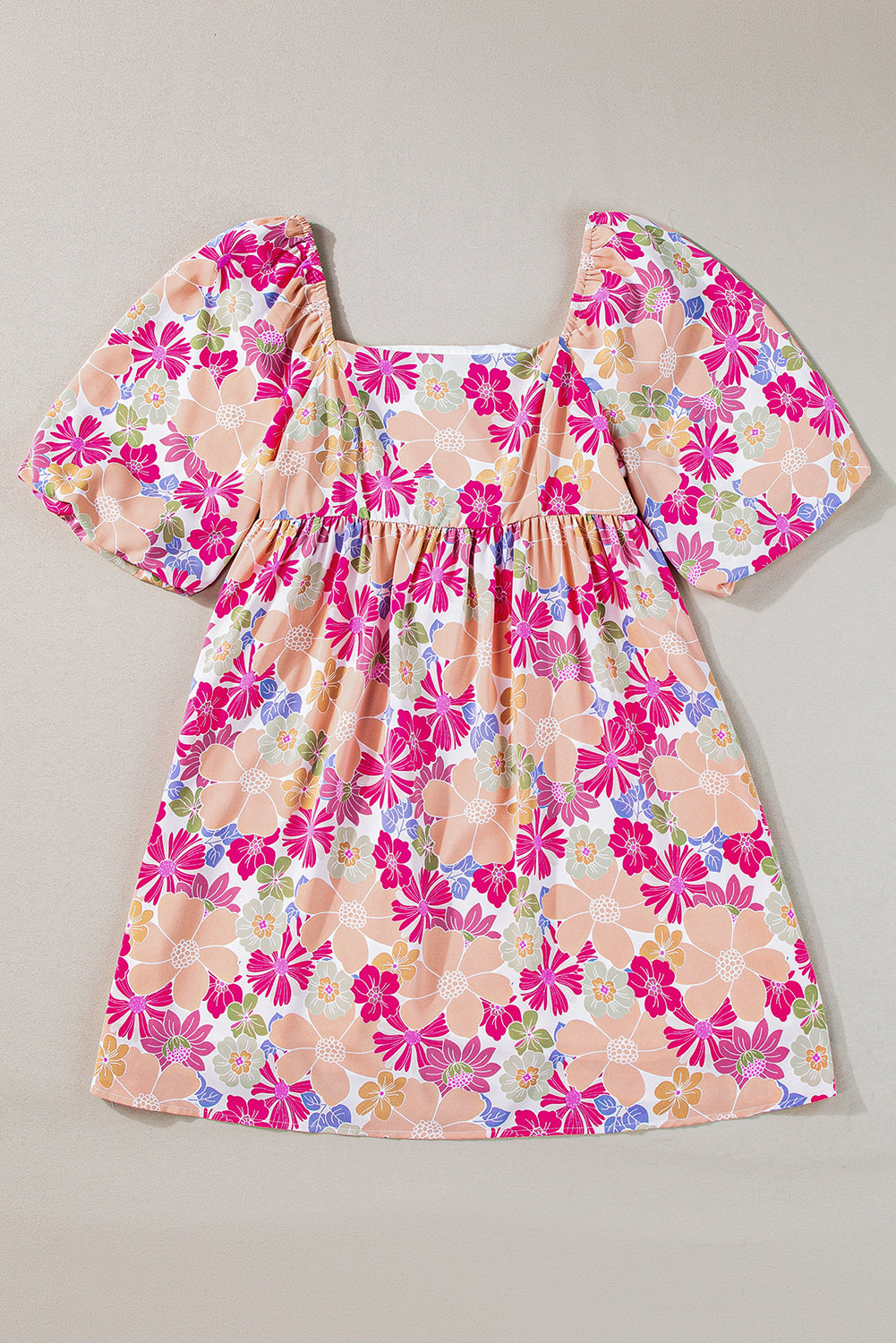 Robe babydoll d'été à fleurs, col carré, manches bouffantes, rose