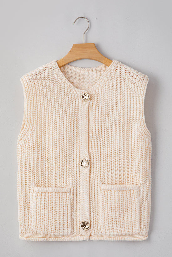 White buttoned sweater vest united textured with side pockets