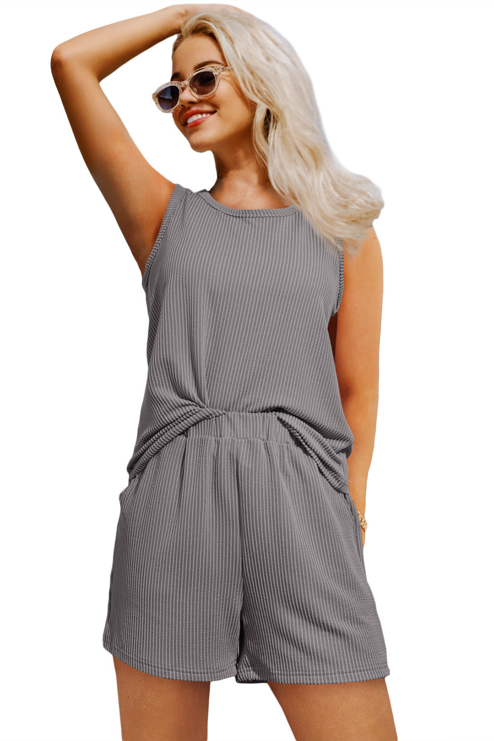 Mid Grey Corduroy Sleeveless Top and Pocket Shorts Set