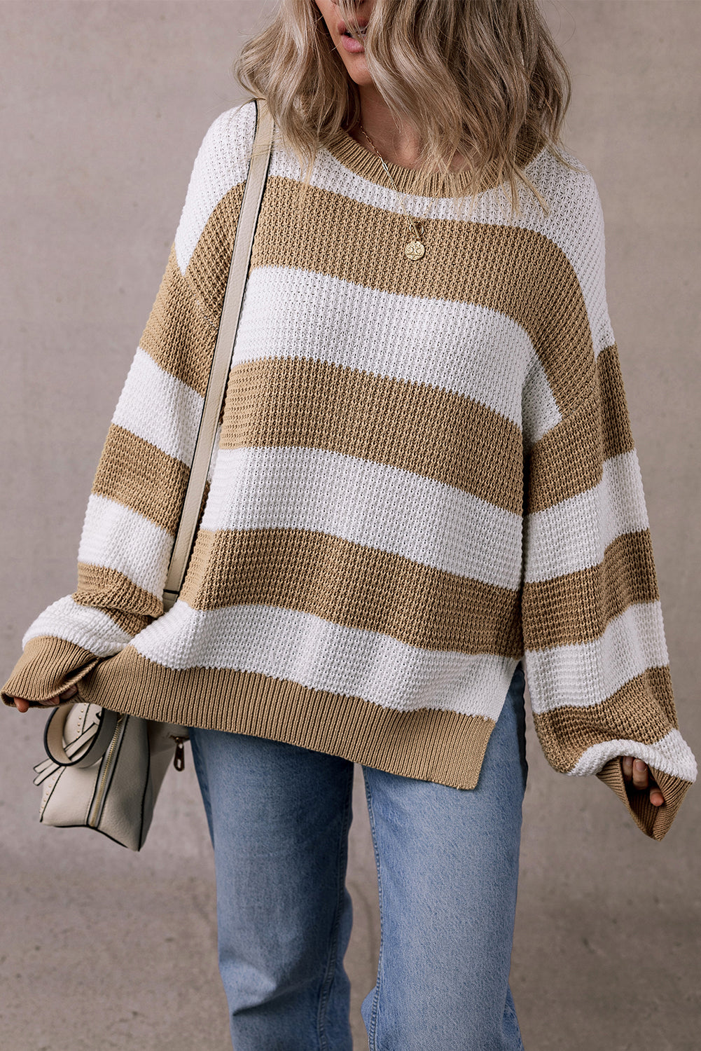 Light French Beige Colorblock Striped Drop Shoulder Side Slit Sweater