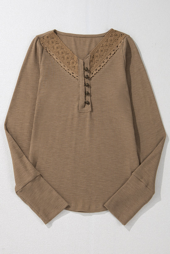 Brown broderie anglaise long sleeve ribbed top