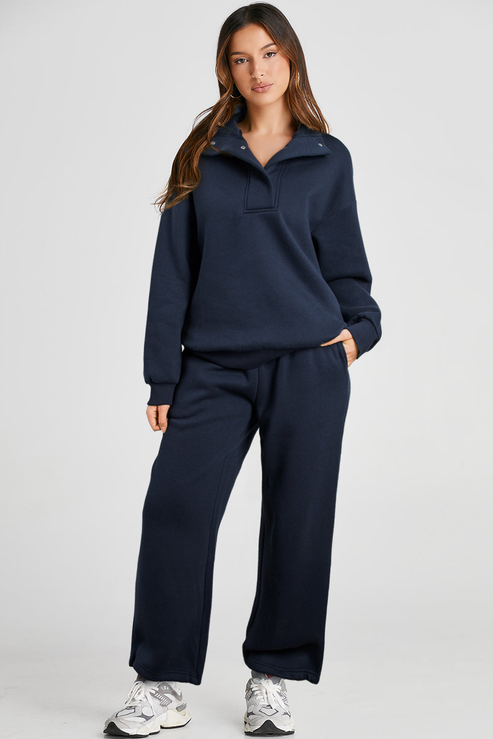 Ensemble sweat-shirt à col de couleur unie et pantalon taille haute bleu marine