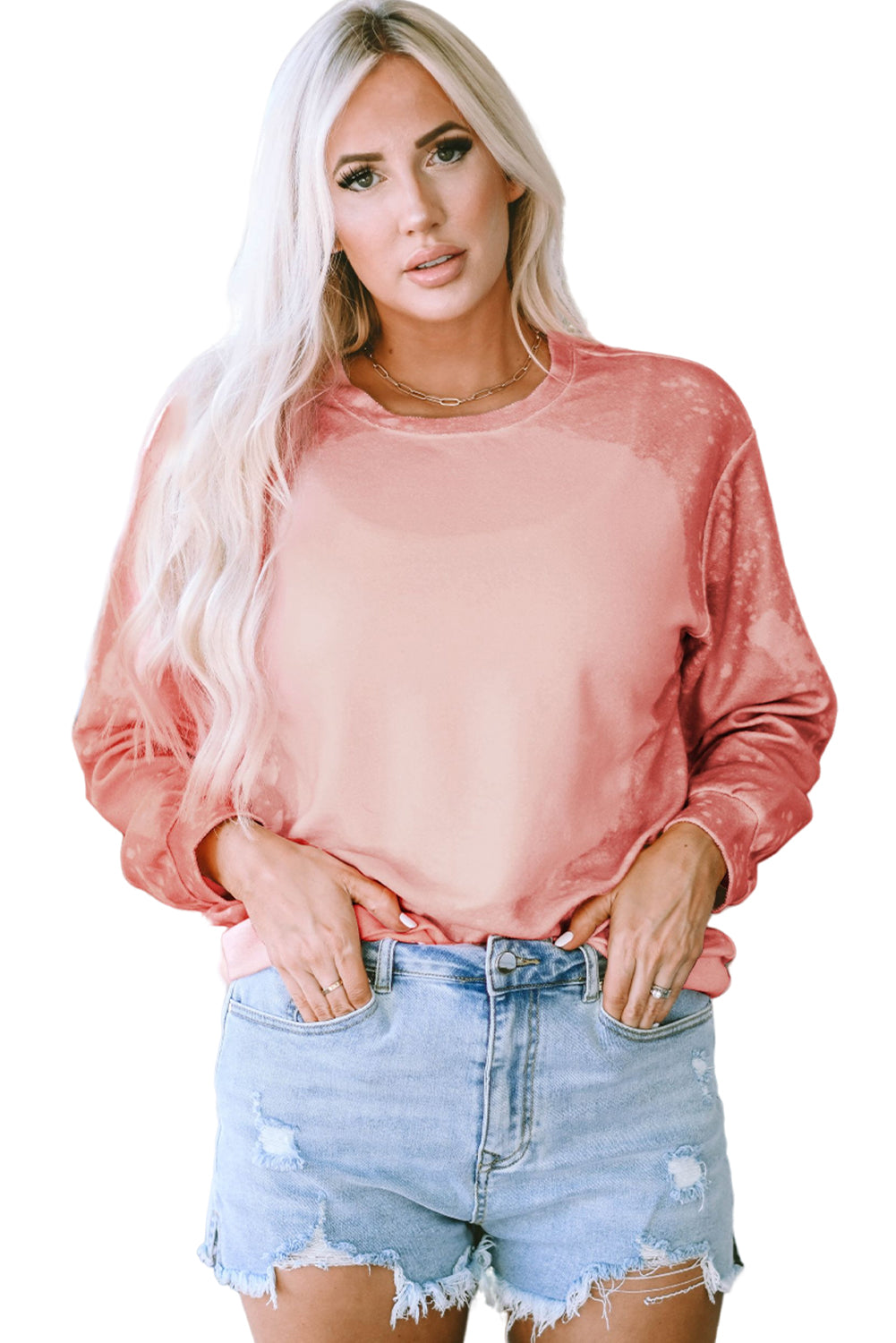 Pink Bleached Round Neck Pullover Sweatshirt