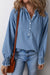 Half-drawn denim top with raw hem and sky blue ruffles