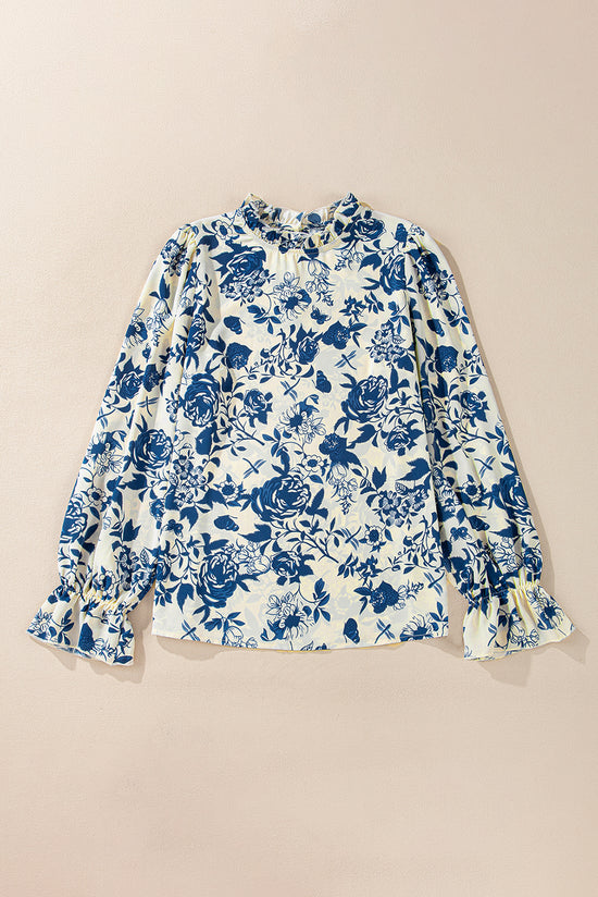 Sky blue blouse with floral print and ruffle sleeves *