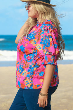 Rose Plus - Blusa con estampado floral con cuello flojo y mangas hinchadas