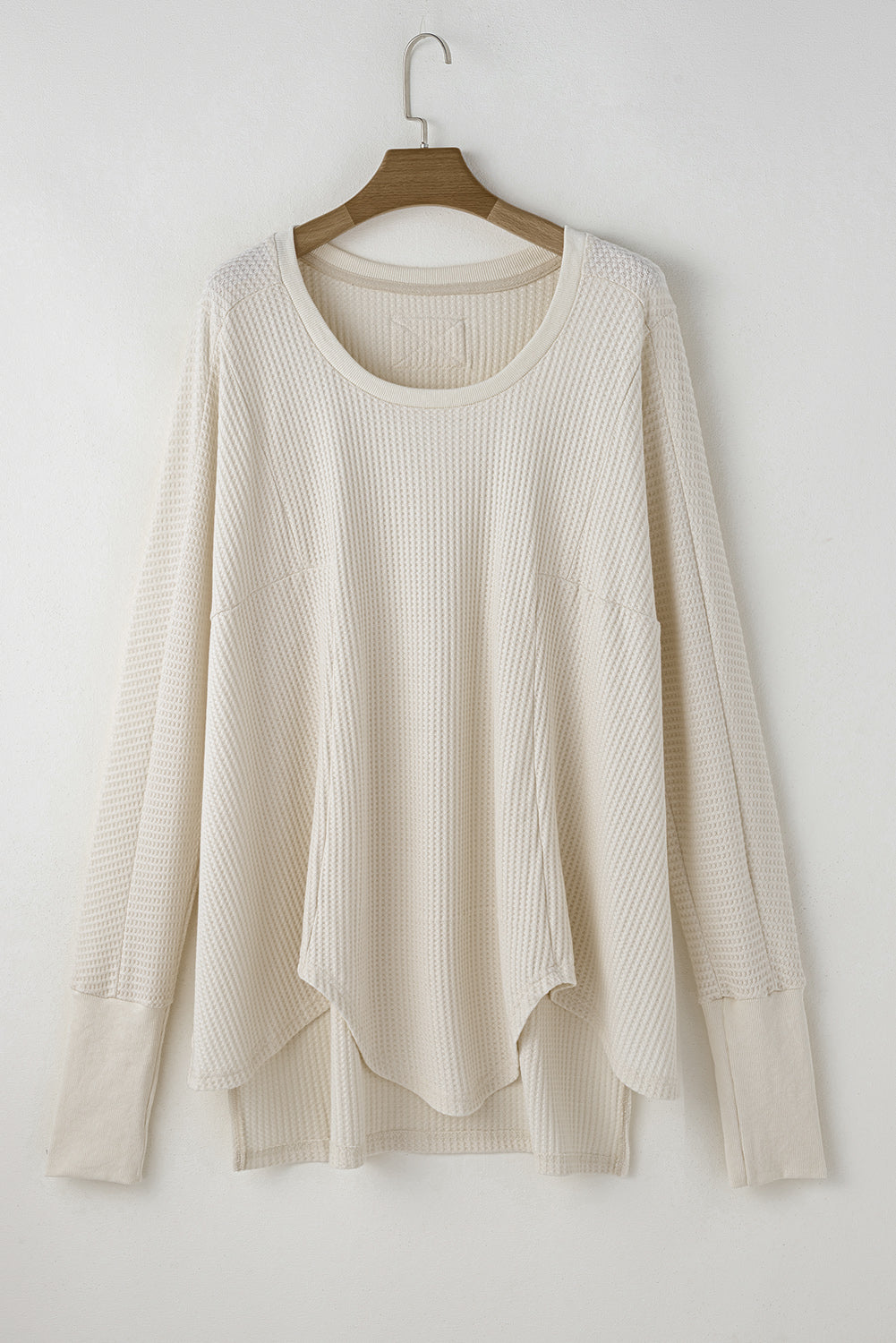 White Waffle Knit Oversized V-Neck Top with Seam Detail