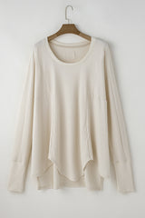 White Waffle Knit Oversized V-Neck Top with Seam Detail