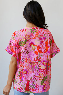 CROWT V -neck blouse with pink jungle floral print