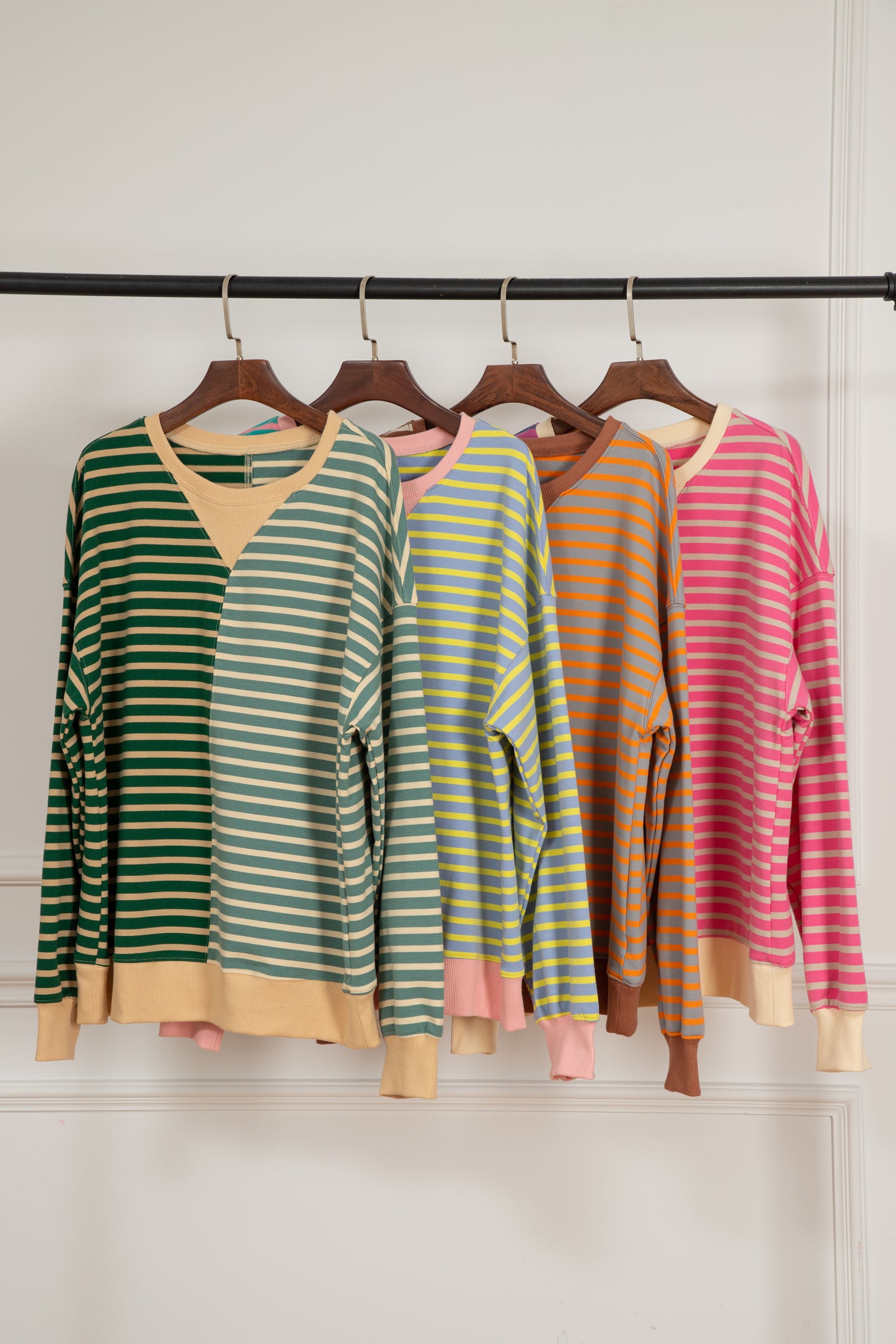 Stripe de franja marrón stripe colorblock caída de hombro sudadera de gran tamaño