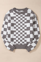 Pull gris à carreaux bicolores et col rond