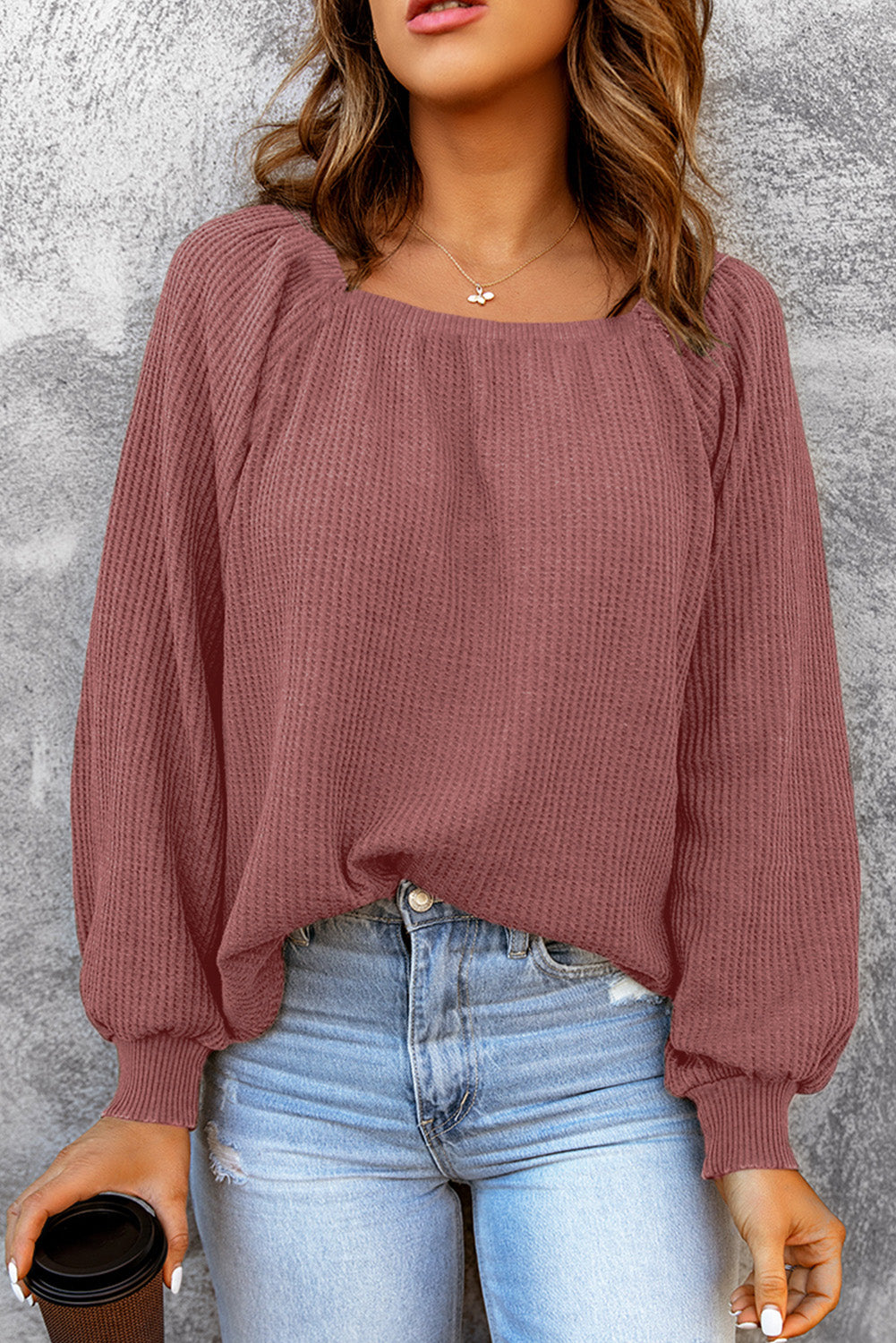 Waffle knit top with puff sleeves and square neck