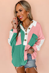 Sweat-shirt oversize rose à col côtelé et color block