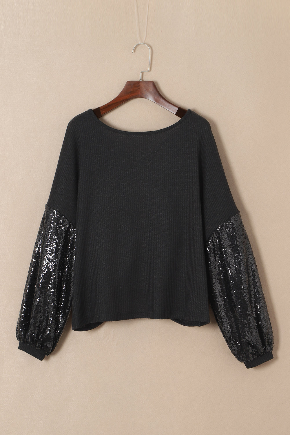 Black Sequin Patchwork Sleeve Open Back Waffle Knit Top