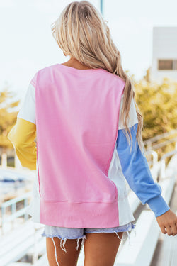 Sweat-shirt à col rond Bonbon Color Block, coutures apparentes, fentes latérales