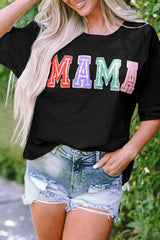 Camiseta de colon roja negra y parches de mamá cet