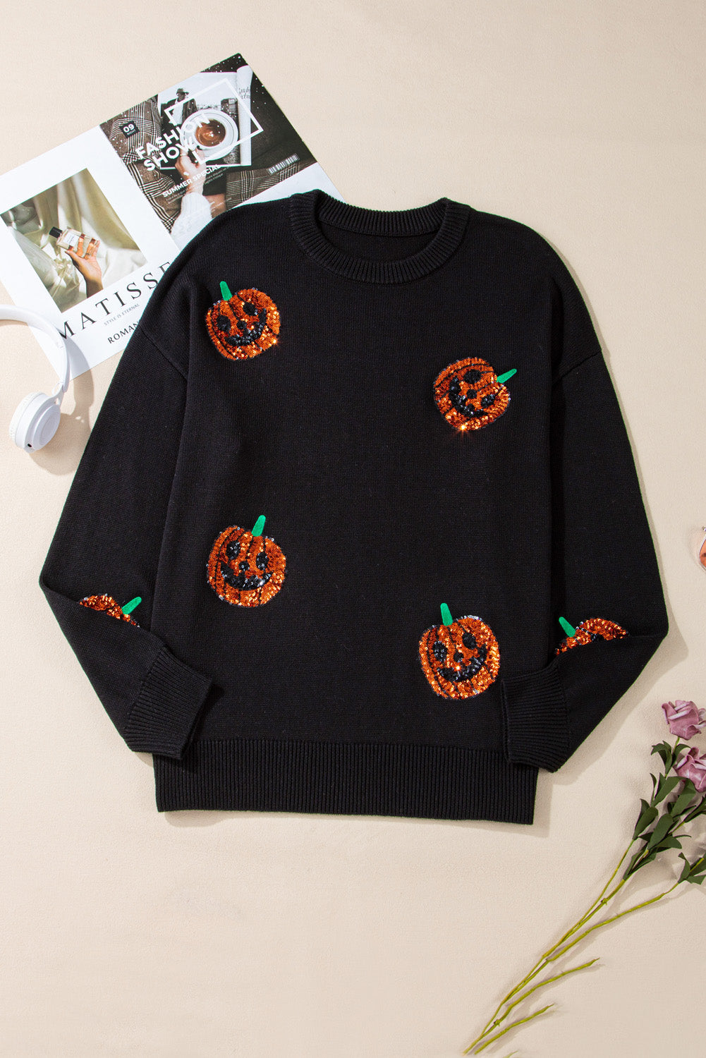 Pull Noir à Motif de Citrouille à Paillettes d'Halloween de Grande Taille