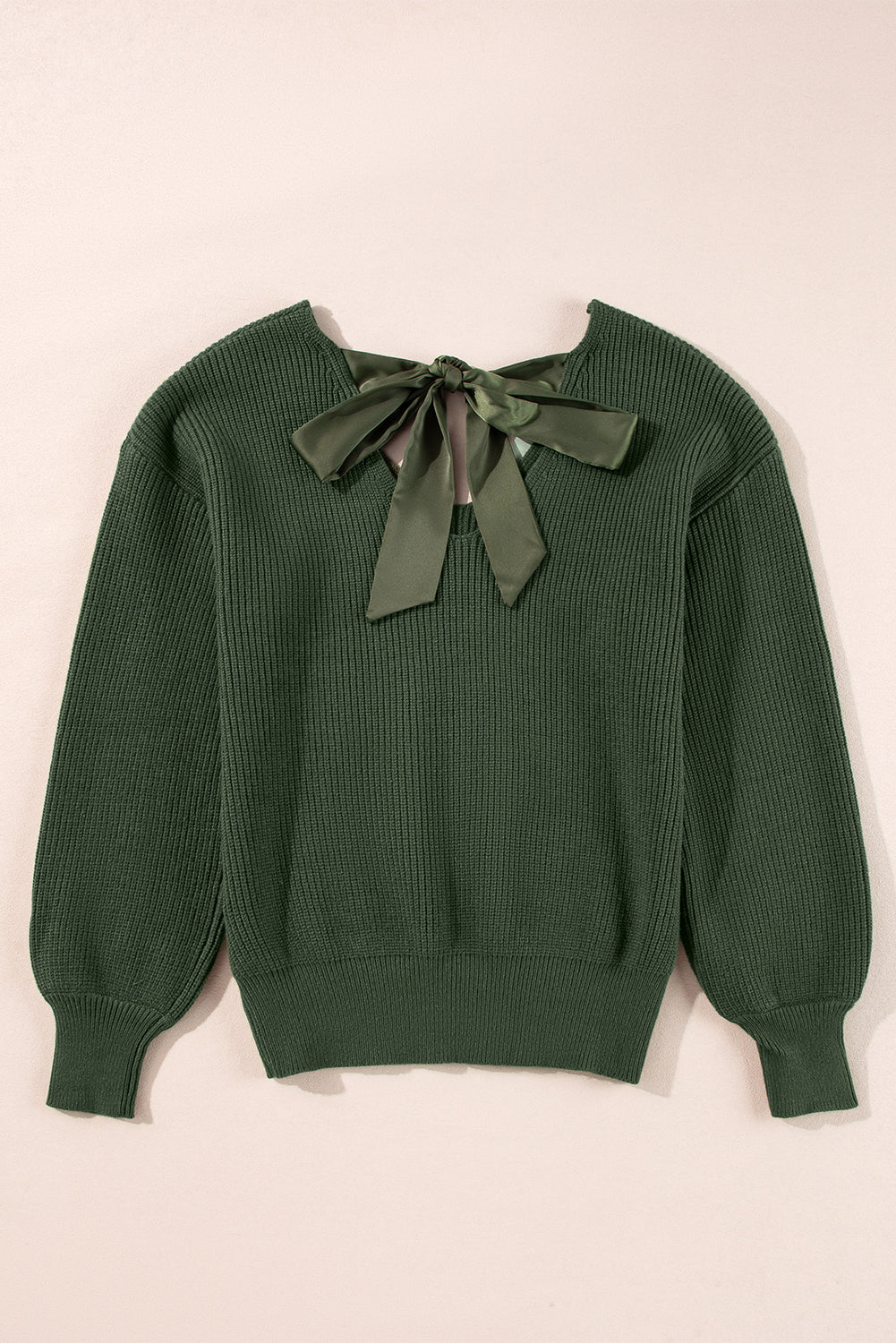 Jungle green sweater with lantern sleeves, V-neck, knot at the back