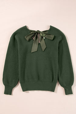 Jungle green sweater with lantern sleeves, V-neck, knot at the back