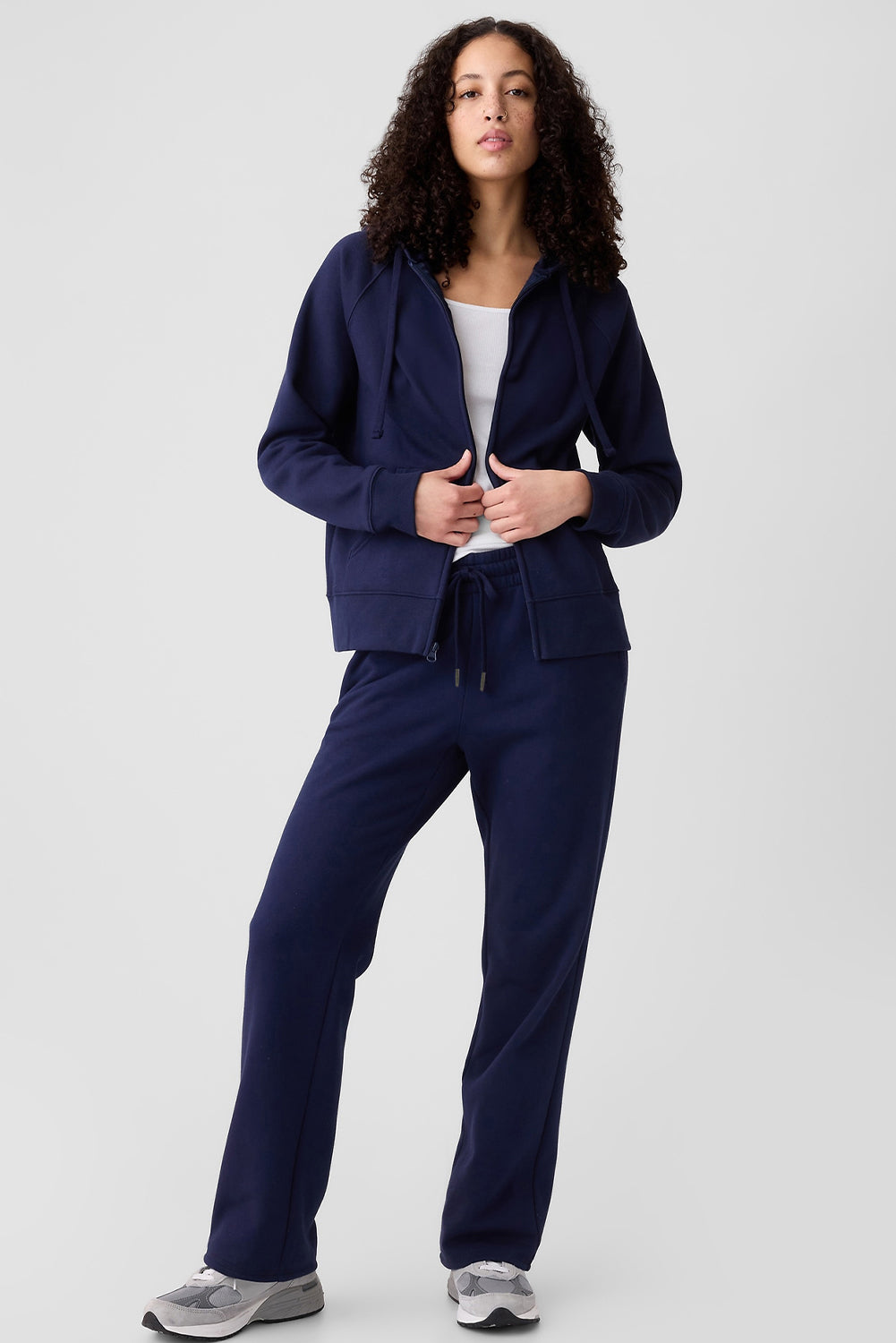 Navy Blue Solid Color Drawstring Waist Casual Straight Pants