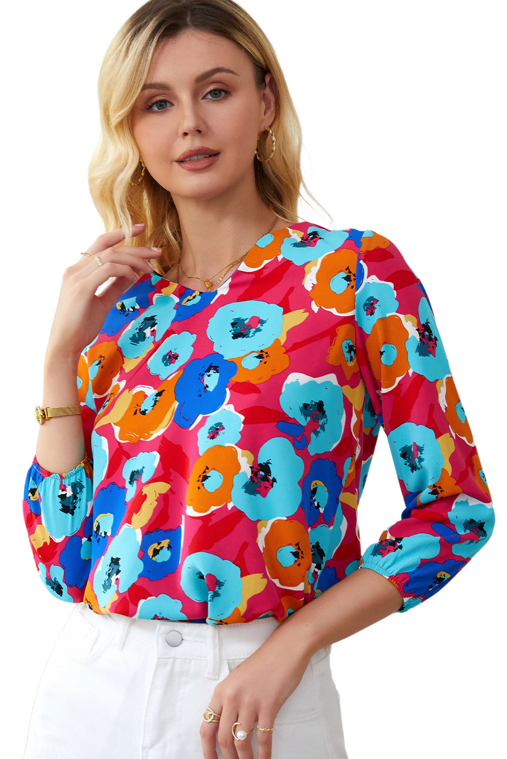 Blouse à manches 3/4 et col en V à imprimé floral multicolore rose