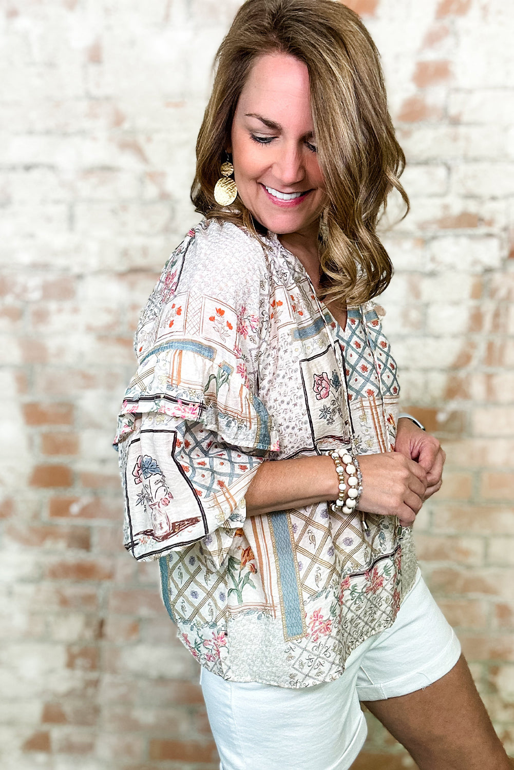 Multicolour Boho Floral Patched Ruffled Sleeve Tied Neck Blouse