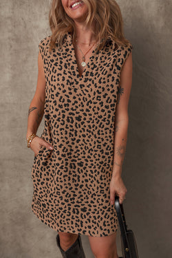 Khaki Leopard Print V-Neck Sleeveless Mini Dress