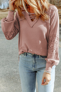 Long sleeve top and V -neck with pink lace lace straps