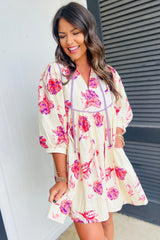 Babydoll rosa de baby-tope con estampado floral, mangas con globo, V collar