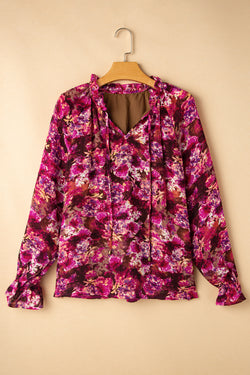 Ample V -neck blouse and pink red floral print with tightening cord