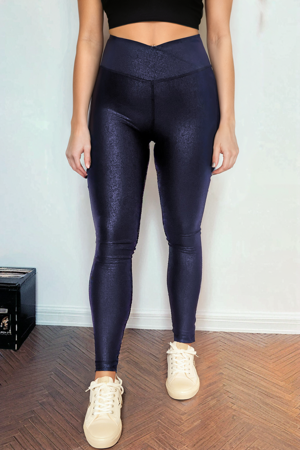 Navy Blue Cross Waist Elegant Leather Leggings