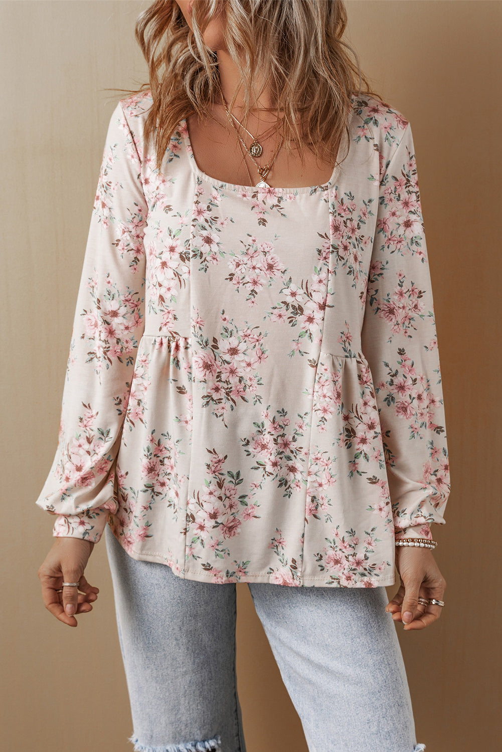 Blusa de ajuste suelto de u cuello de estampado floral rosa