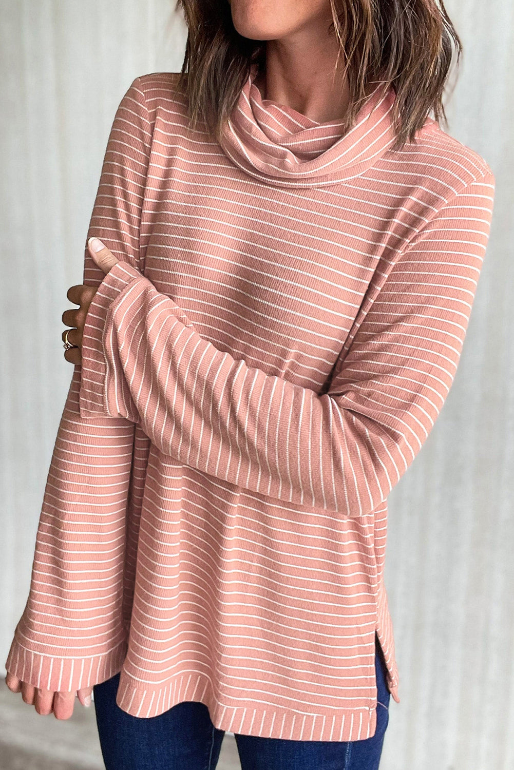 Pink Striped Long Sleeve Cowl Neck Loose Top with Side Slits